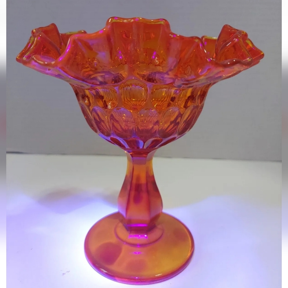 Vintage Fenton Amberina Ruffled Thumbprint Pedestal Compote Candy Dish